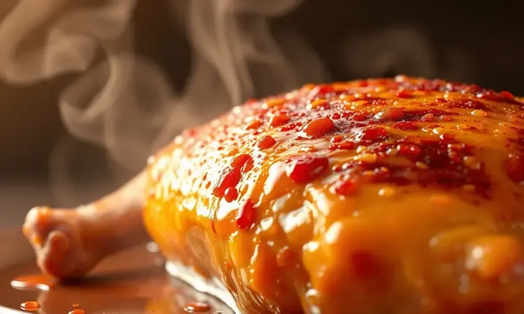 Close-up conceitual de frango suculento com vapor suave e texturas douradas realçadas por iluminação quente.