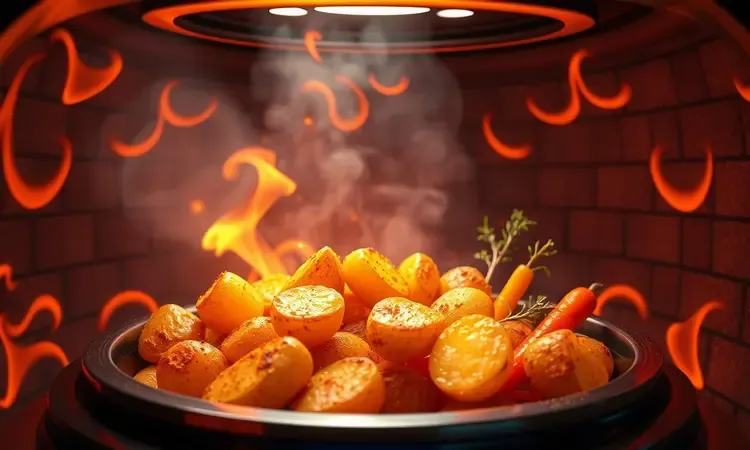 Ilustração 3D vibrante de ar quente circulando sobre alimentos dourados e suculentos em uma fritadeira sem óleo.
