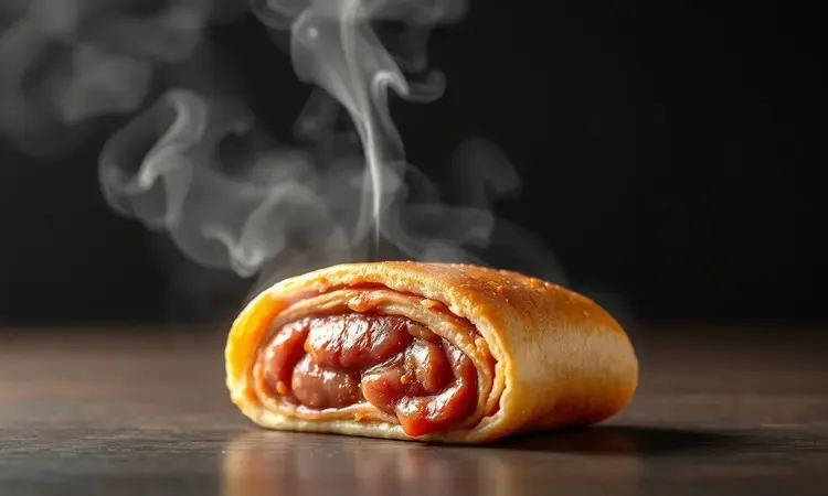 Vapor saindo de uma carne suculenta simbolizando o bife a rolê no ponto certo na airfryer.