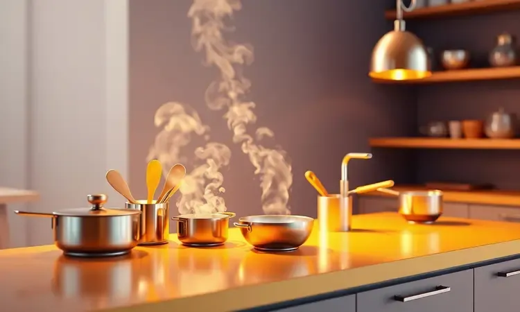 Cena conceitual em 3D de uma superfície de cozinha com vapor dourado e iluminação quente, sugerindo o preparo perfeito.