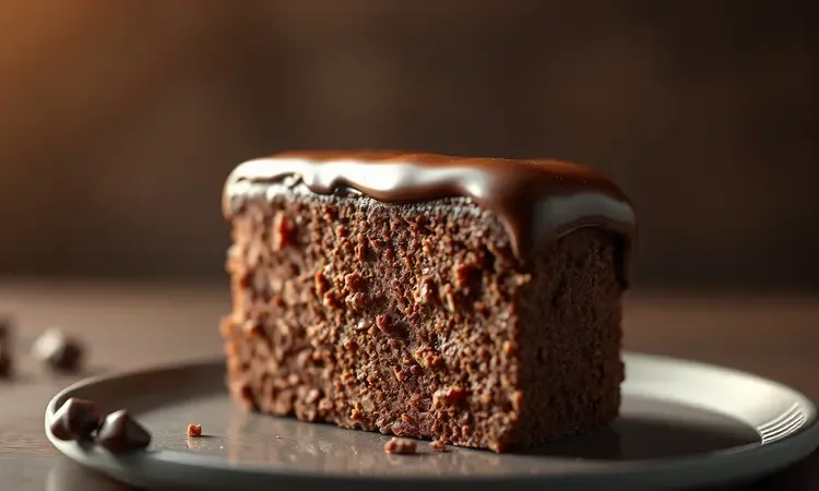 Close-up 3D de uma fatia de bolo de chocolate com textura macia e cobertura brilhante em tons quentes.