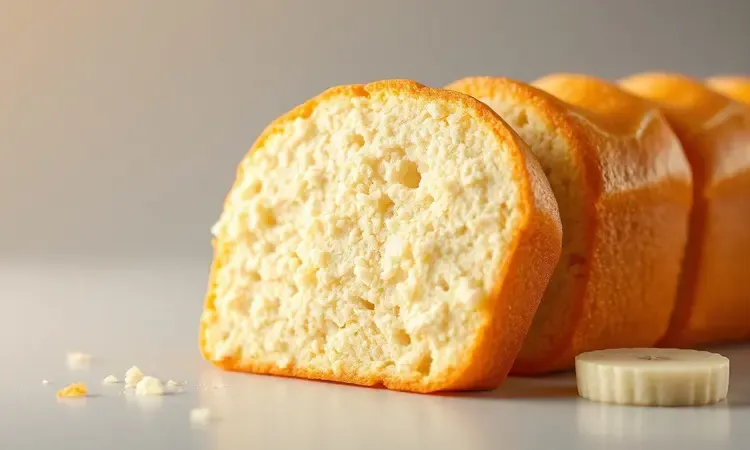 Close-up da textura fofinha e macia de um bolo de aveia com banana recém-assado e aerado.