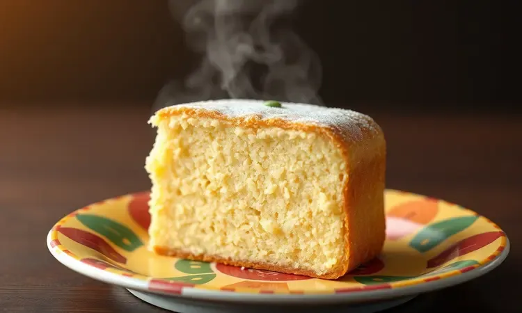 Close-up detalhado de uma fatia de bolo de mandioca com textura fofinha e cor amarela vibrante.