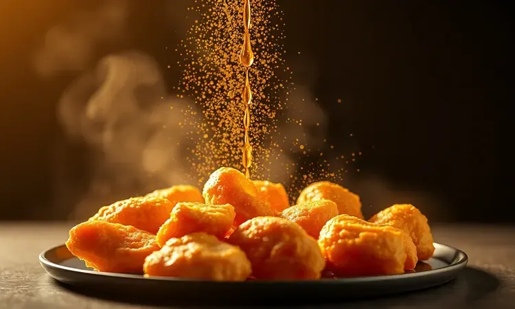 Borrifo de óleo dourado sobre frango empanado para garantir cor e suculência durante o preparo na air fryer.