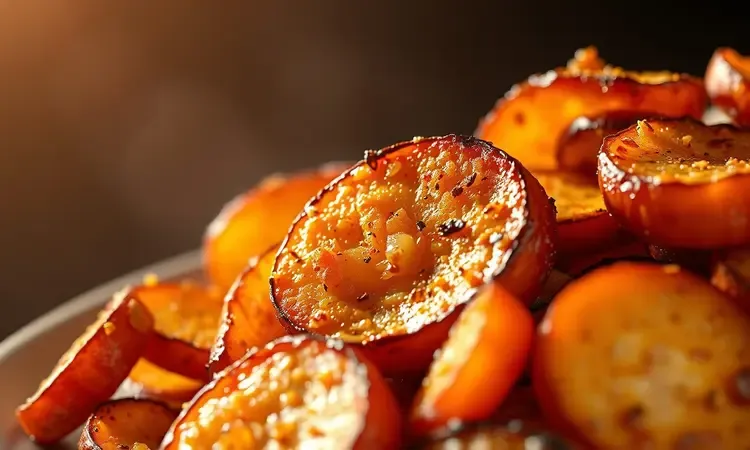Close-up conceitual de fatias de legumes dourados e crocantes com temperos finos sob iluminação quente.