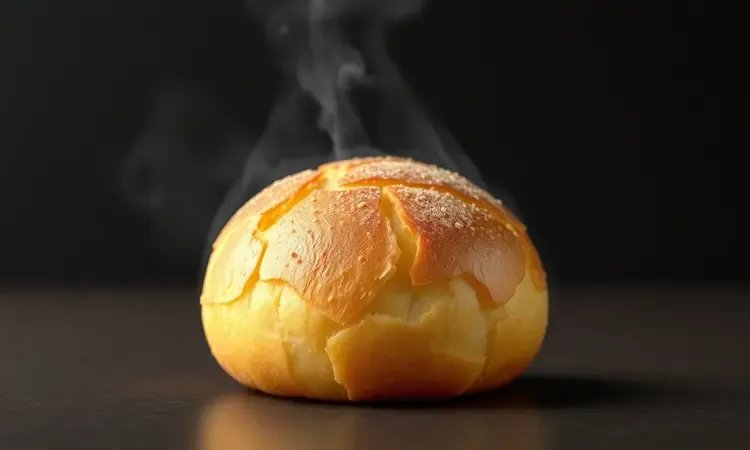 Detalhe de um pão de queijo dourado e fofinho com textura perfeita em renderização 3D.