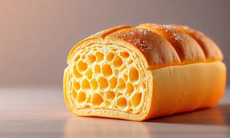 Close do miolo de um pão caseiro muito macio e aerado com textura perfeita.