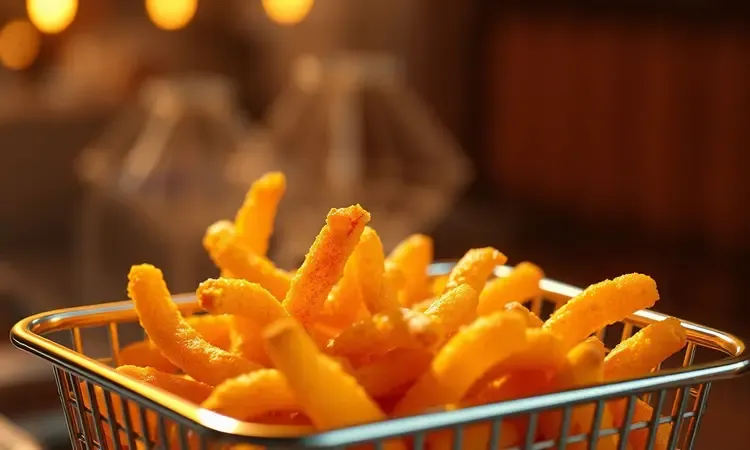 Close-up 3D de batatas douradas e crocantes dentro de uma cesta de air fryer com iluminação dramática e quente.