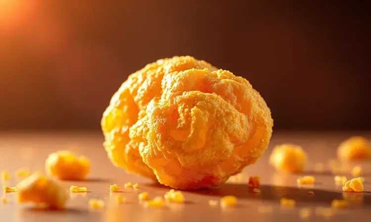 Close-up da textura dourada e extremamente crocante de um nugget de frango artesanal.