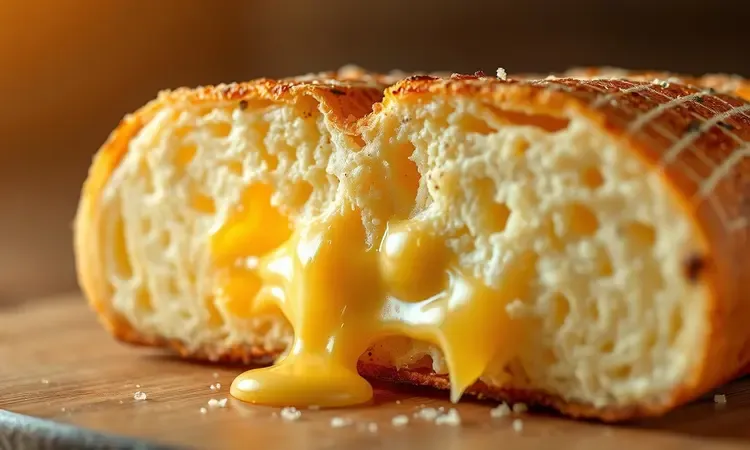 Close-up de uma fatia de pão de alho mostrando o interior macio e o queijo derretido esticando.
