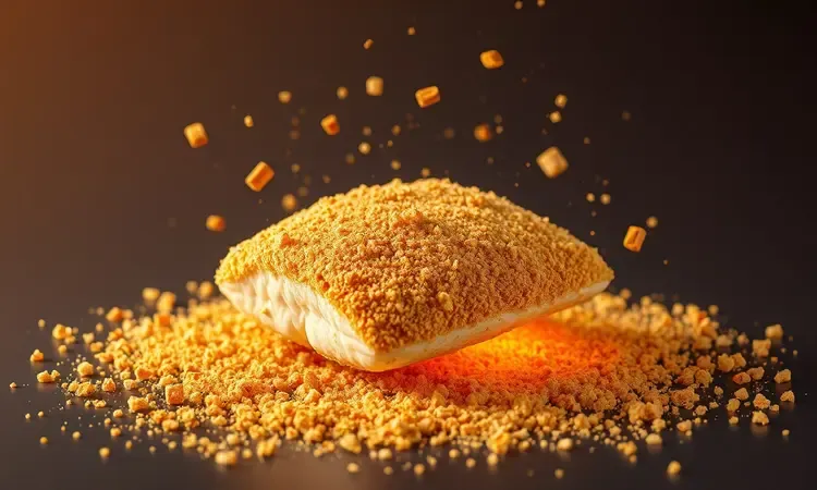 Ilustração conceitual de farinha de rosca dourada cobrindo um filé de peixe com partículas brilhantes de temperos.
