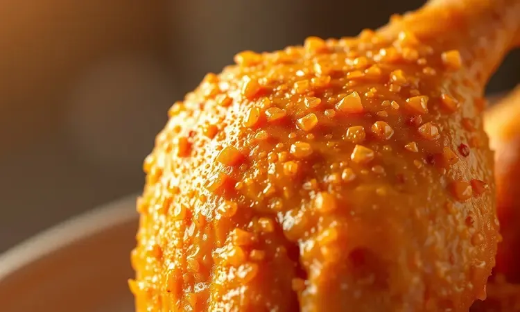 Detalhe macro da pele dourada e crocante de um frango assado destacando a textura em renderização 3D conceitual.
