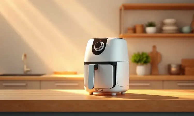 Ilustração 3D de uma air fryer posicionada com segurança em uma bancada organizada, destacando o fluxo de ar.