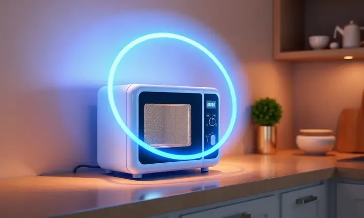 Conceito de segurança e estabilidade em eletrodomésticos de cozinha com iluminação azul suave protetora.