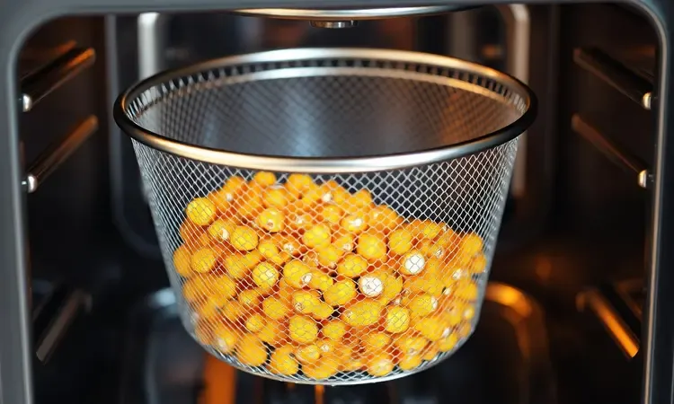Cesto de fritadeira elétrica com grãos de milho organizados de forma segura em estilo 3D vibrante.