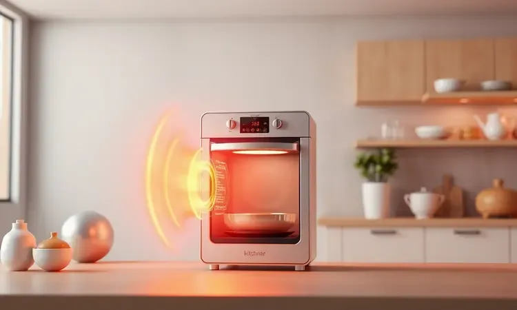 Ilustração 3D conceitual de ondas de calor suaves em uma cozinha moderna simbolizando o processo de degelo seguro.