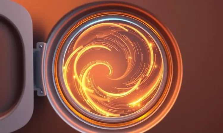 Visualização 3D de correntes de ar quente circulando em sistema 360 graus dentro de um eletrodoméstico.