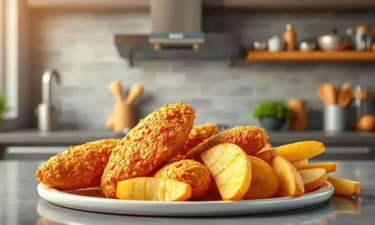 Cena conceitual de sobrecoxas de frango e batatas rústicas douradas e apetitosas.