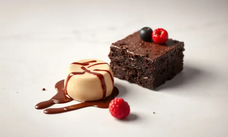 Sobremesas gourmet como brownie de chocolate e pudim preparados de forma prática e artística.