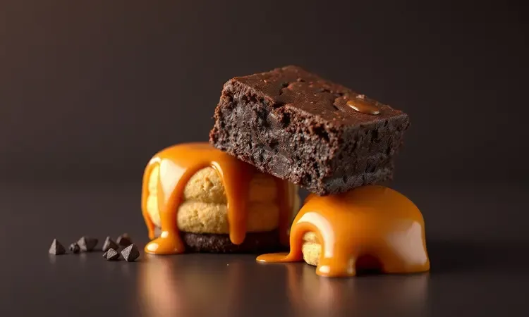 Sobremesas deliciosas como brownie e pudim representadas em arte 3D vibrante.