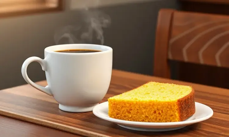 Uma xícara de café fumegante servida ao lado de uma fatia de bolo de fubá em um cenário aconchegante.