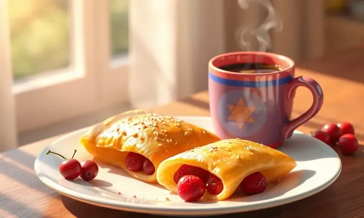 Café da manhã completo com rabanada, frutas vermelhas frescas e uma xícara de café fumegante.