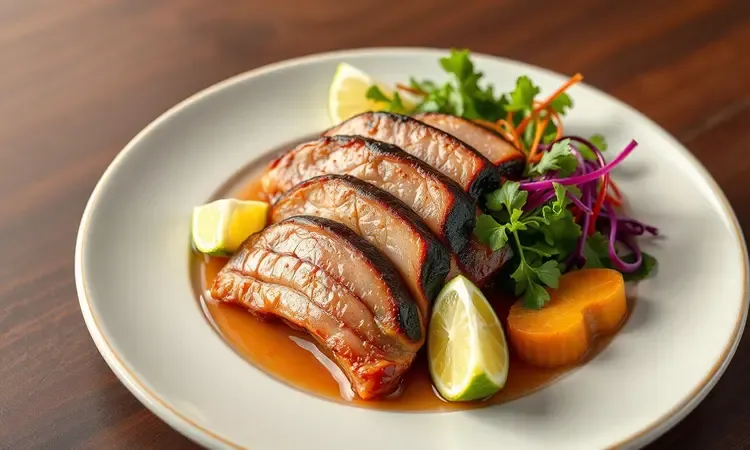 Prato gourmet com fatias de barriga de porco crocante e acompanhamentos coloridos em estilo 3D artístico.