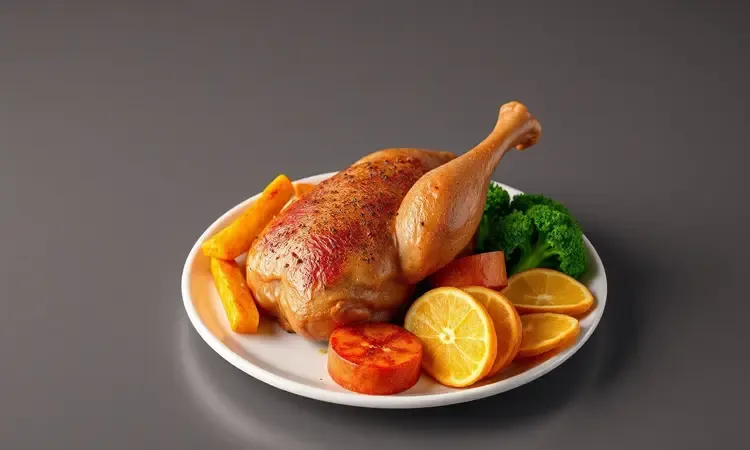 Prato colorido com coxa de frango e acompanhamentos de vegetais e batatas em estilo 3D conceitual.