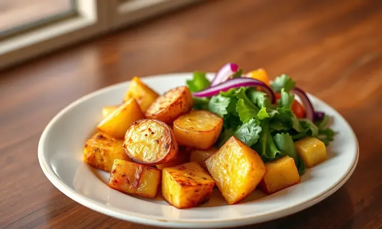 Acompanhamentos para carne como batatas assadas douradas e salada fresca em uma composição colorida.