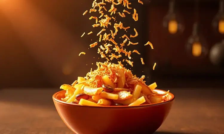 Prato de comida gourmet estilizado recebendo uma chuva de alho frito crocante e dourado sob luz cinematográfica.