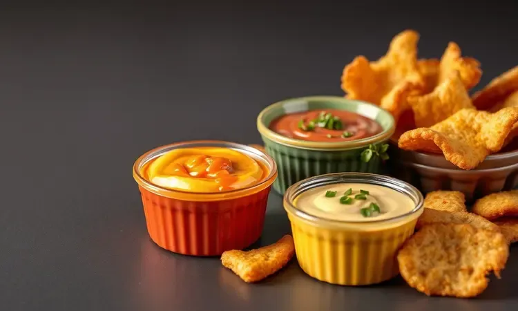 Pequenos potes coloridos com molhos variados, como maionese temperada e geleia de pimenta, para acompanhar petiscos.