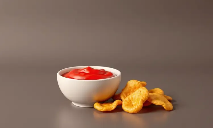 Cena conceitual 3D de um pote de molho vermelho vibrante ao lado de petiscos de queijo dourados.