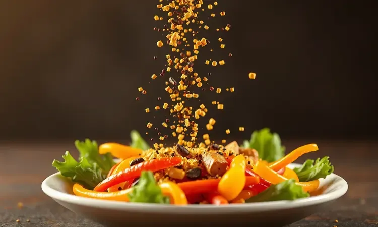 Cena conceitual de tempero sendo polvilhado sobre um prato de vegetais colorido em renderização 3D.