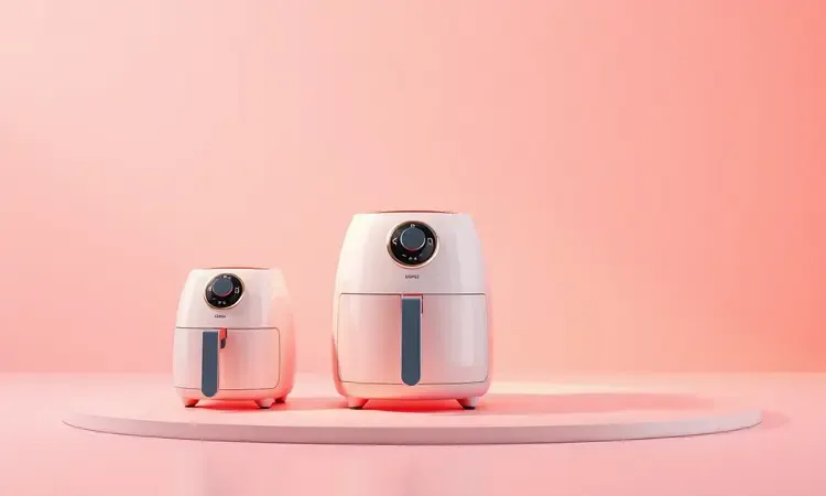 Comparativo visual de três tamanhos diferentes de fritadeiras airfryer em estilo 3D conceitual.