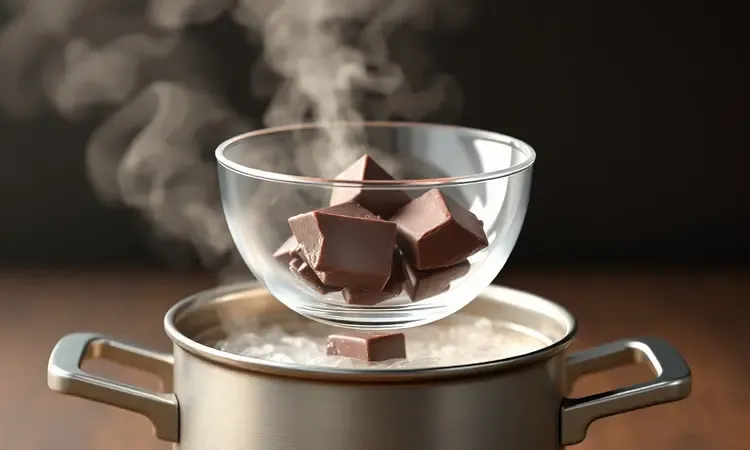 Ilustração conceitual 3D do processo de banho-maria com uma tigela sobre vapor suave para derreter chocolate perfeitamente.