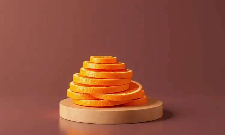 Fatias de laranja perfeitamente cortadas e organizadas de forma artística em estilo 3D minimalista.
