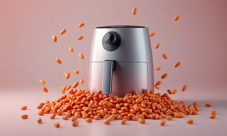 Ilustração 3D artística de grãos de feijão secos e uma fritadeira elétrica moderna em um ambiente colorido.