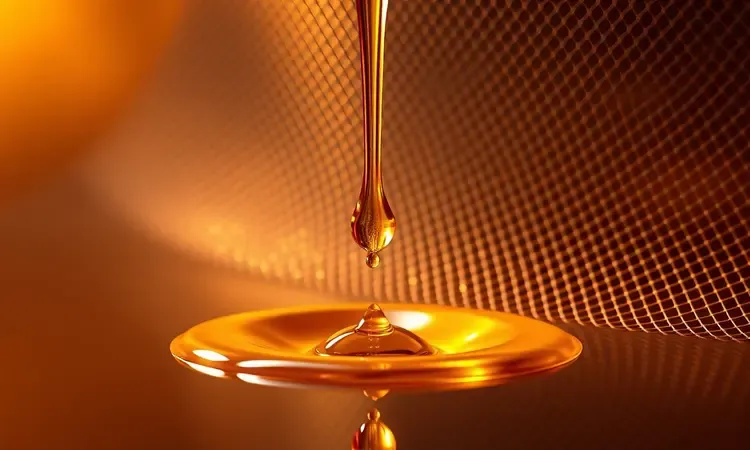 Visualização artística de uma gota de óleo protegendo uma grade metálica, ilustrando o processo de cura do cesto.
