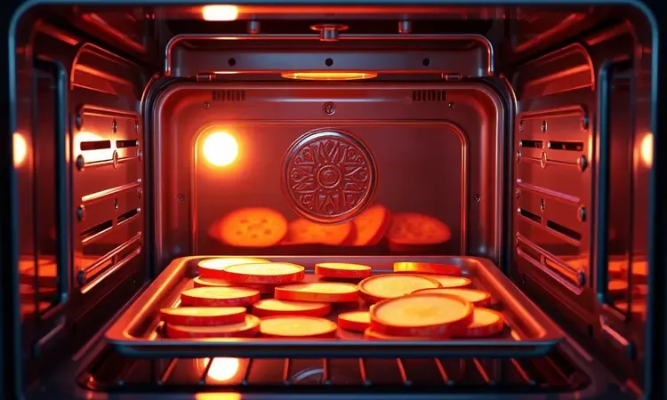 Interior estilizado de um forno moderno com bandejas de chips de vegetais desidratando sob luz quente.