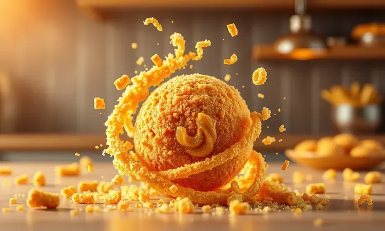 Visão conceitual em 3D de texturas de empanamento crocantes e farinha de rosca dourada envolvendo um nugget.