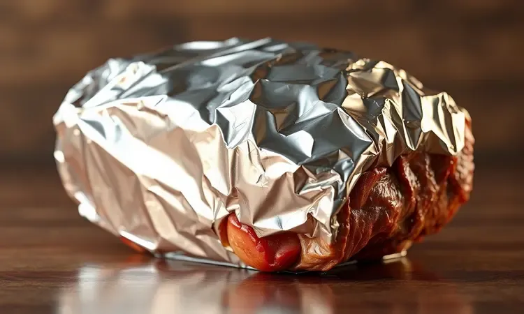 Detalhe de papel alumínio envolvendo carne para preservar a umidade durante o cozimento.