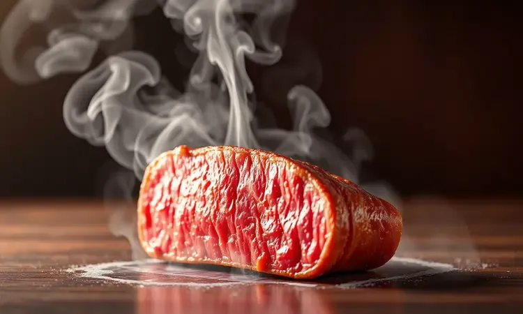 Carne assada fatiada e suculenta liberando vapor suave em um ambiente de cozinha estilizado.