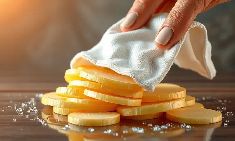 Processo estilizado de secagem de fatias de batata com um pano, destacando a remoção da umidade para crocância.