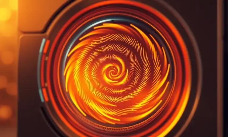 Ilustração 3D conceitual mostrando a tecnologia de circulação de ar quente em espiral com tons vibrantes de laranja e dourado.