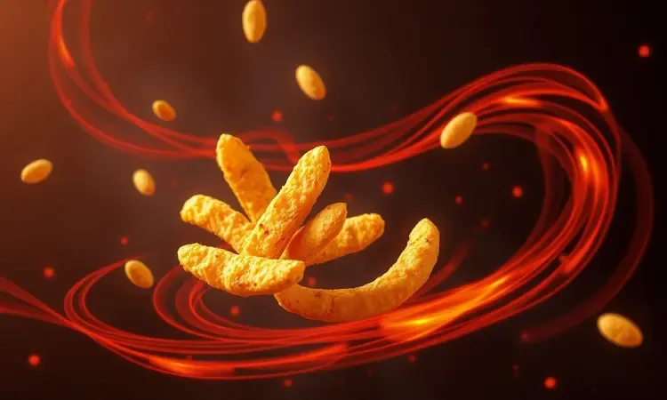 Representação conceitual de fluxos de ar quente dourado circulando entre batatas fritas crocantes.