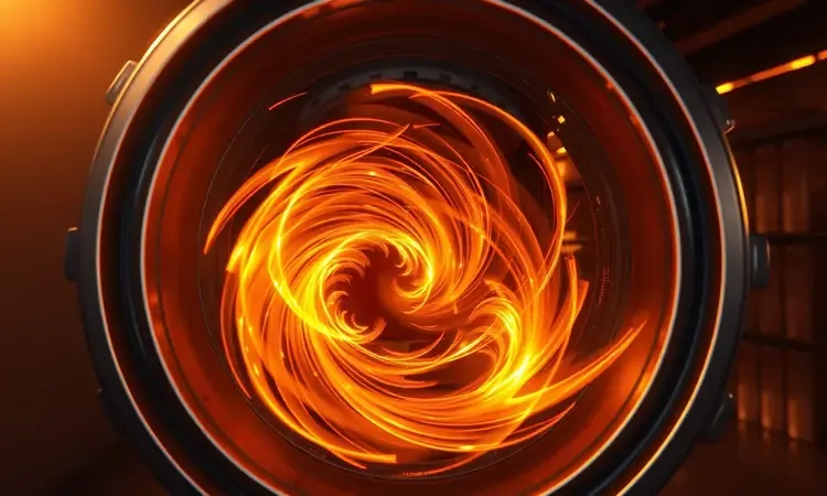Ilustração 3D conceitual mostrando a tecnologia de circulação de ar quente em redemoinhos dourados.