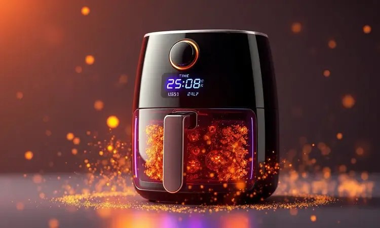 Representação 3D conceitual de uma interface tecnológica de fritadeira elétrica com brilhos dourados e luzes suaves.
