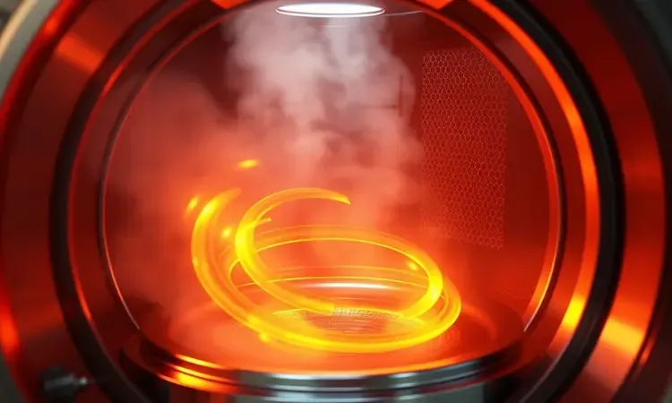 Ilustração 3D da tecnologia de circulação de ar quente em um forno air fryer tecnológico.