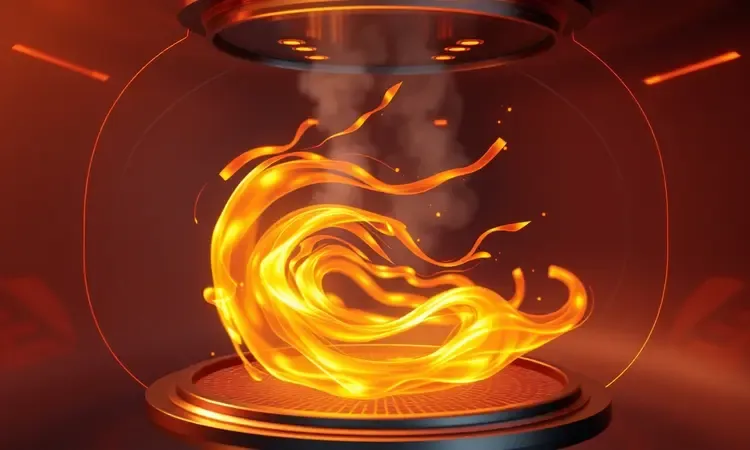 Ilustração 3D conceitual de fluxos de ar quente circulando em uma câmara estilizada, representando a tecnologia air fryer.