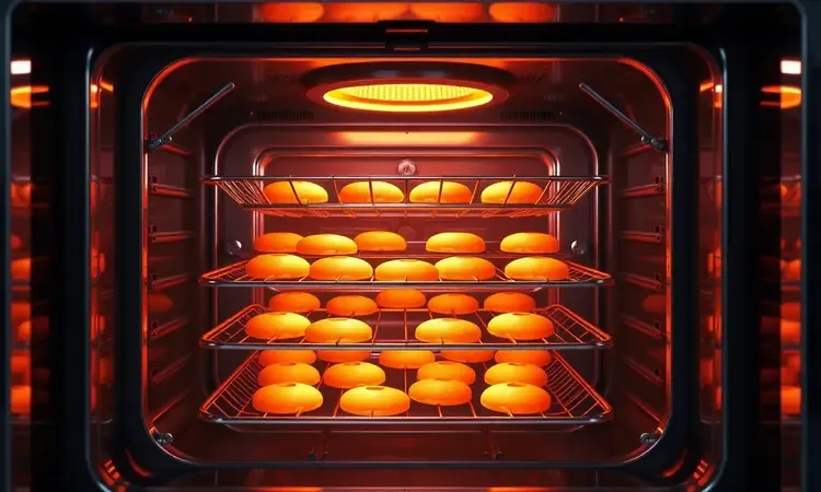 Ilustração 3D das prateleiras internas de uma air fryer oven com iluminação quente e cores vibrantes mostrando os níveis de cozimento.